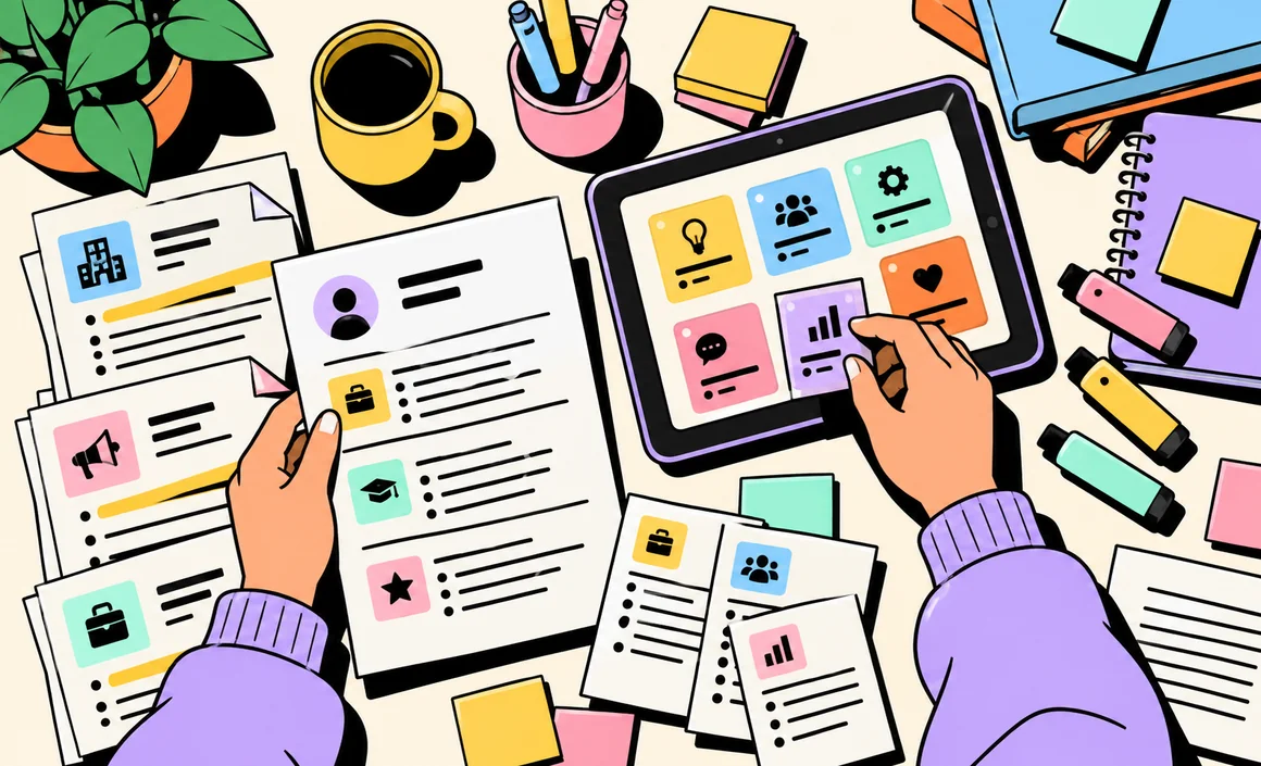 Illustration: top-down view of a resume and job postings, with a tablet suggesting skills