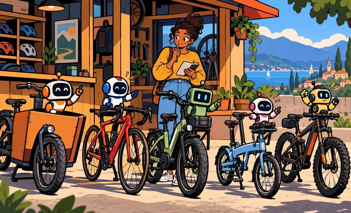 Illustration: Lea deciding between five different bikes, each with a small robot assistant