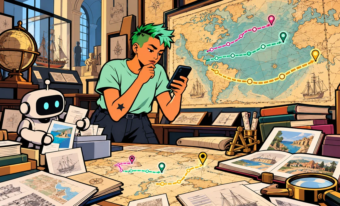 Illustration: Sam in front of a large antique map showing three paths of different sizes