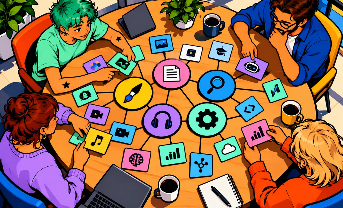 Illustration: four people around a table sort AI tool cards by need