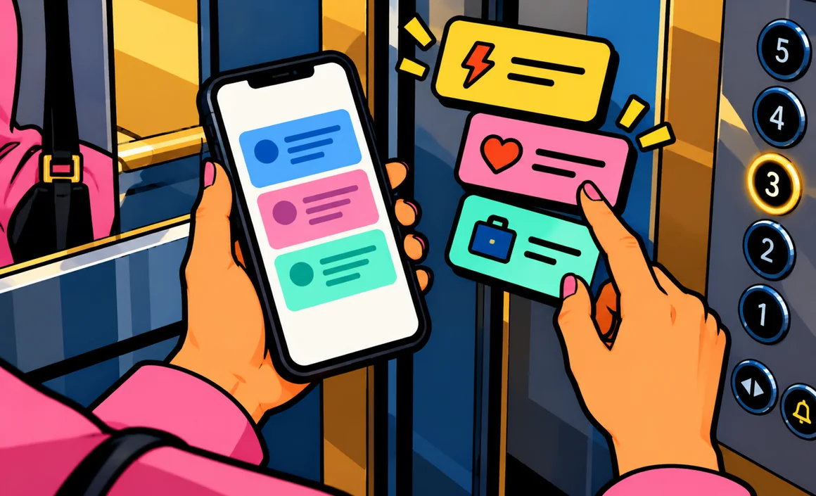 Illustration: in an elevator, hands choosing between three versions of the same message