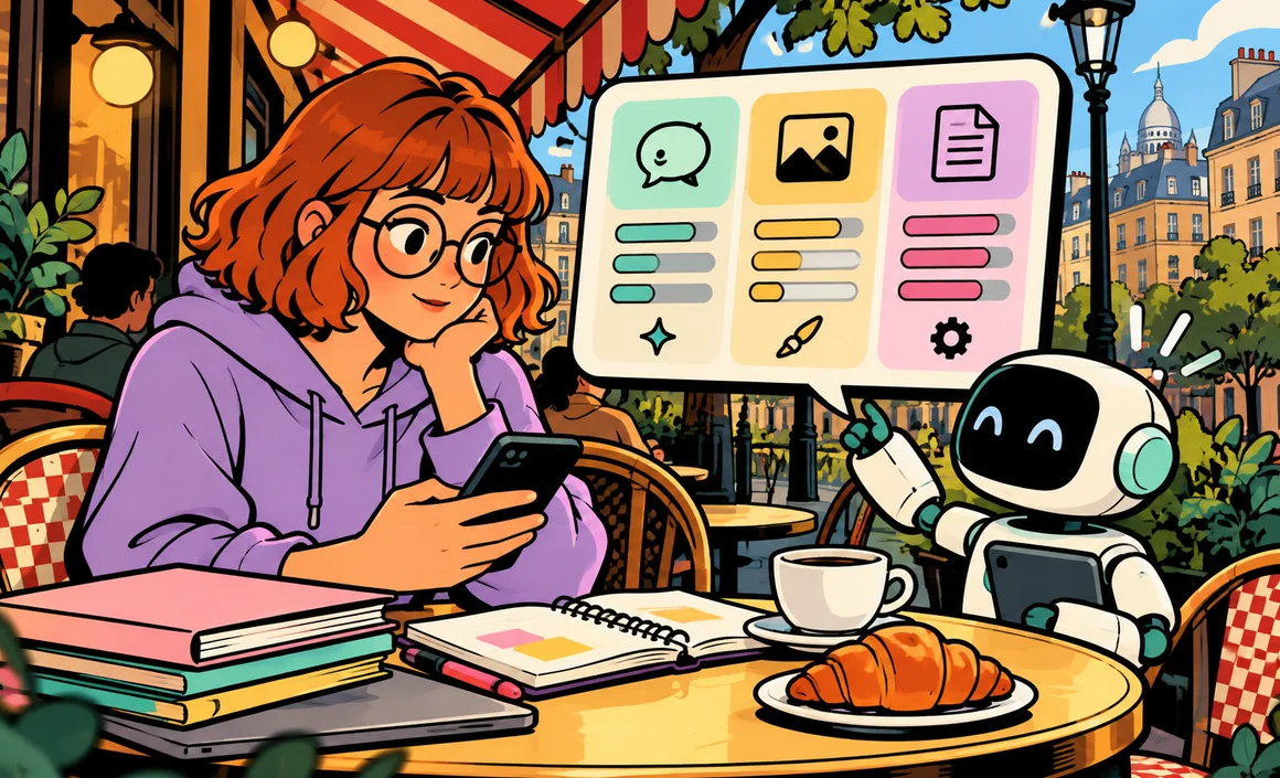 Illustration: at a sidewalk café table, a small robot shows Chloé different capability levels