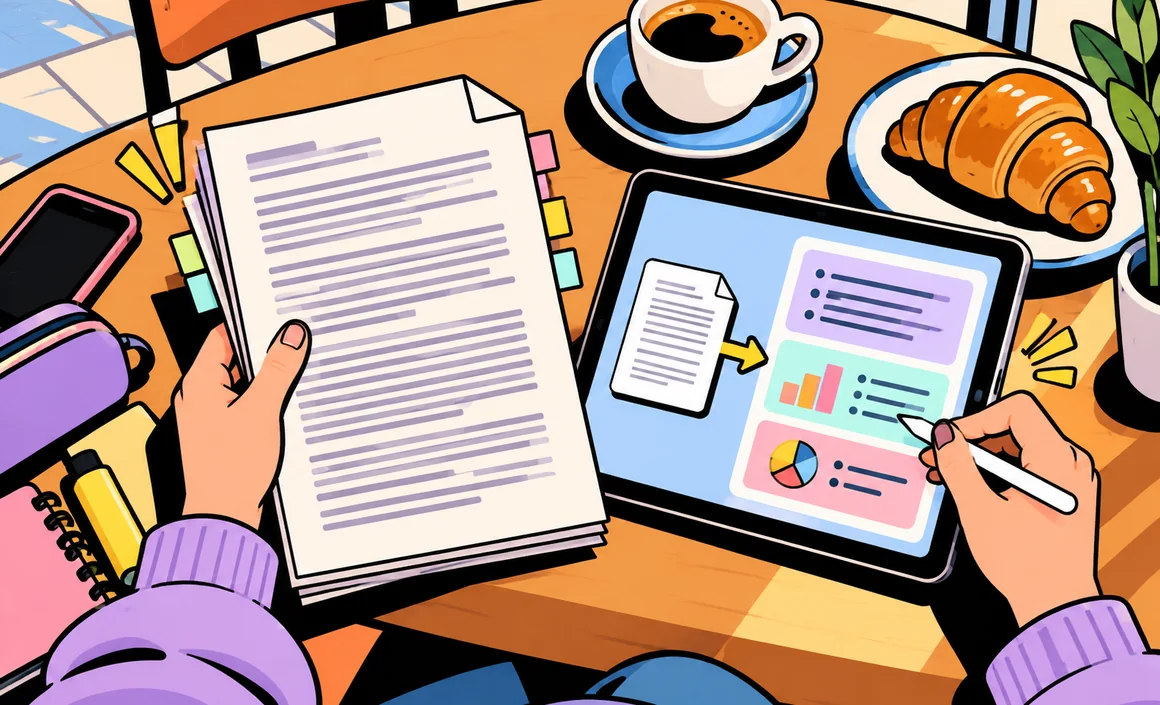 Illustration: a long paper document turned into a structured summary on a tablet in a coffee shop