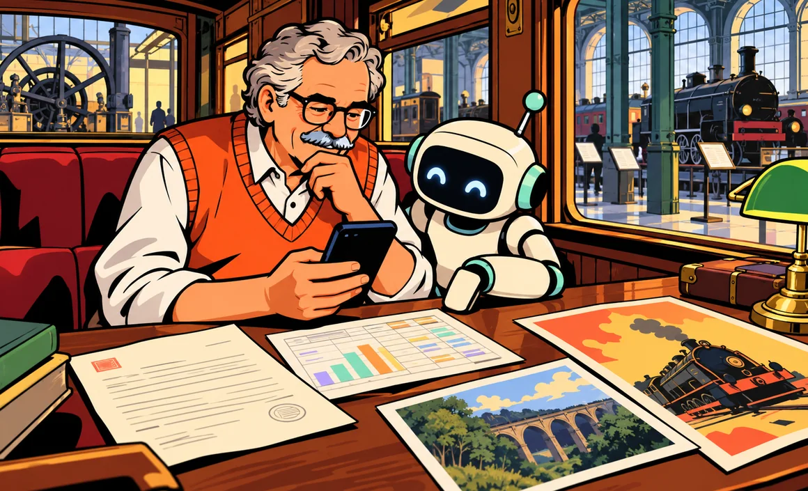 Illustration: Bernard and a small robot examine a letter, a spreadsheet of numbers and a photo