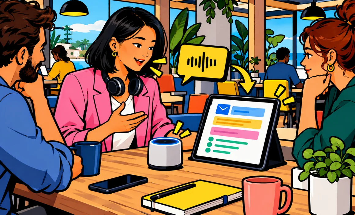 Illustration: Aiko dictates her ideas to a speaker while a tablet turns them into a structured email