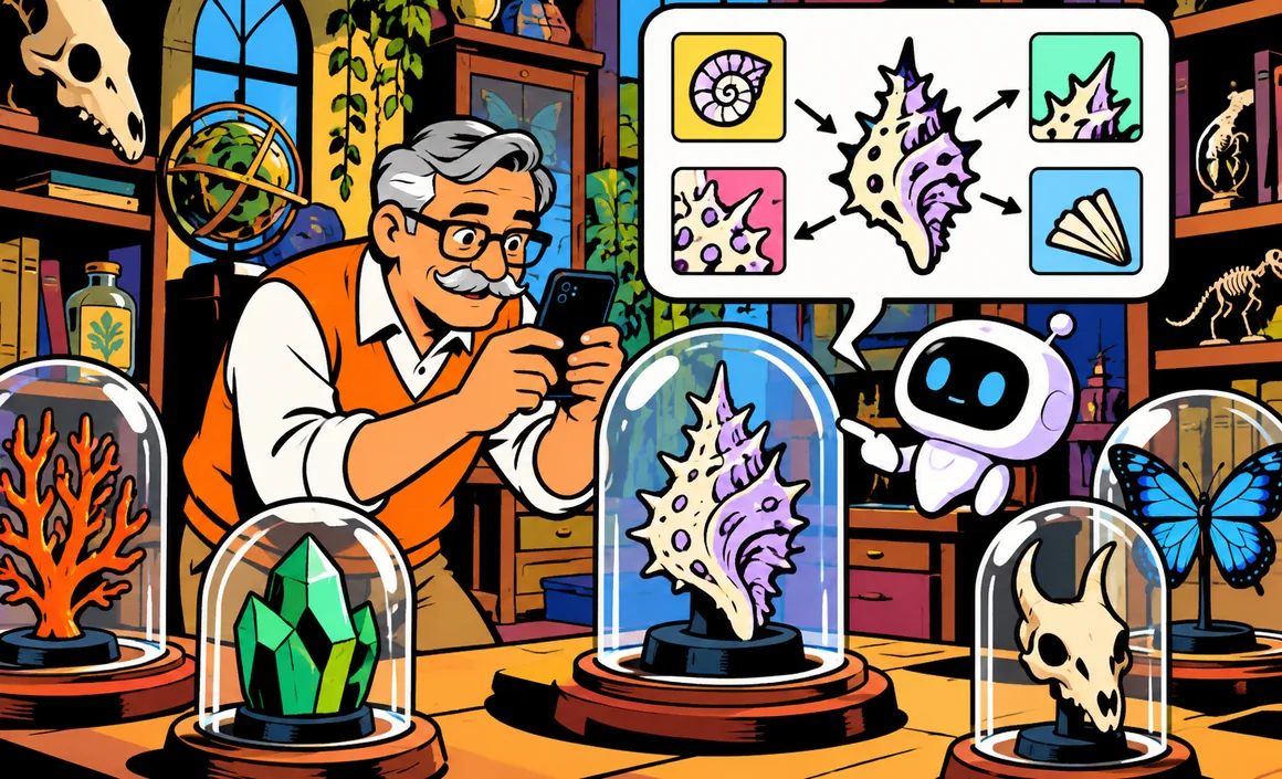 Illustration: Bernard photographs objects in a cabinet of curiosities while an AI assistant analyzes them