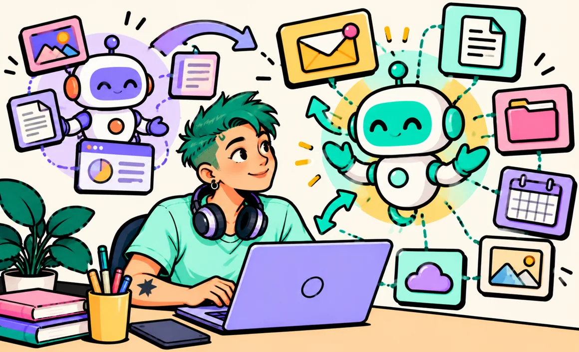 Illustration: an AI assistant connected to email, documents, calendar and cloud files