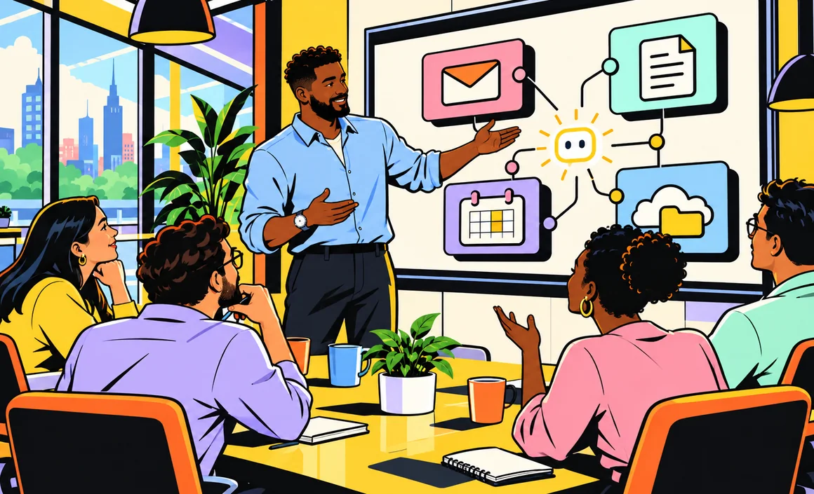 Illustration: a man showing his coworkers emails, documents, a calendar and files connected by AI