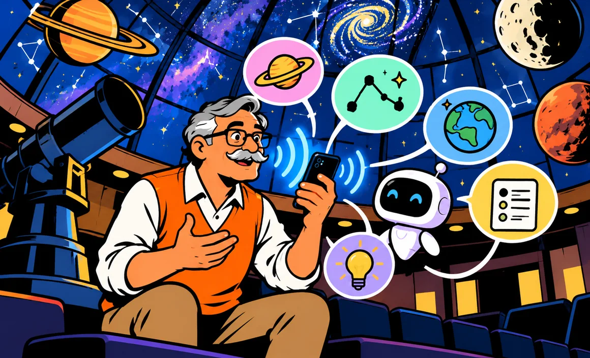 Illustration: Bernard talks to his phone under the dome of a planetarium