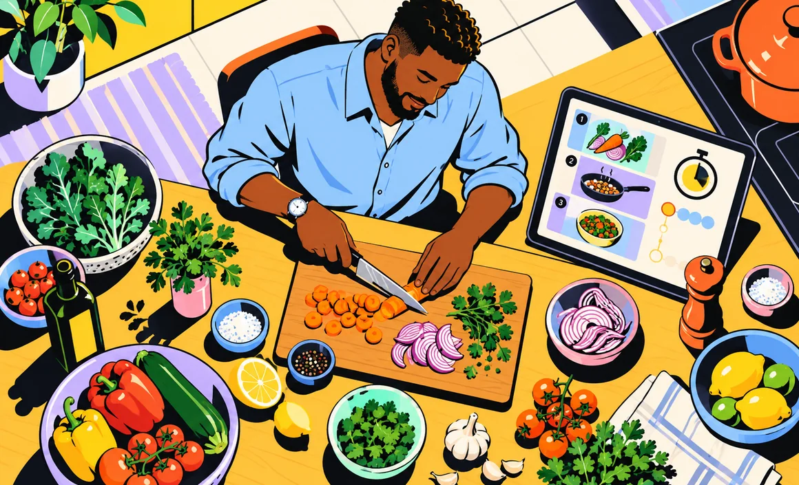 Illustration: a man cooking from a recipe suggested by AI on a tablet