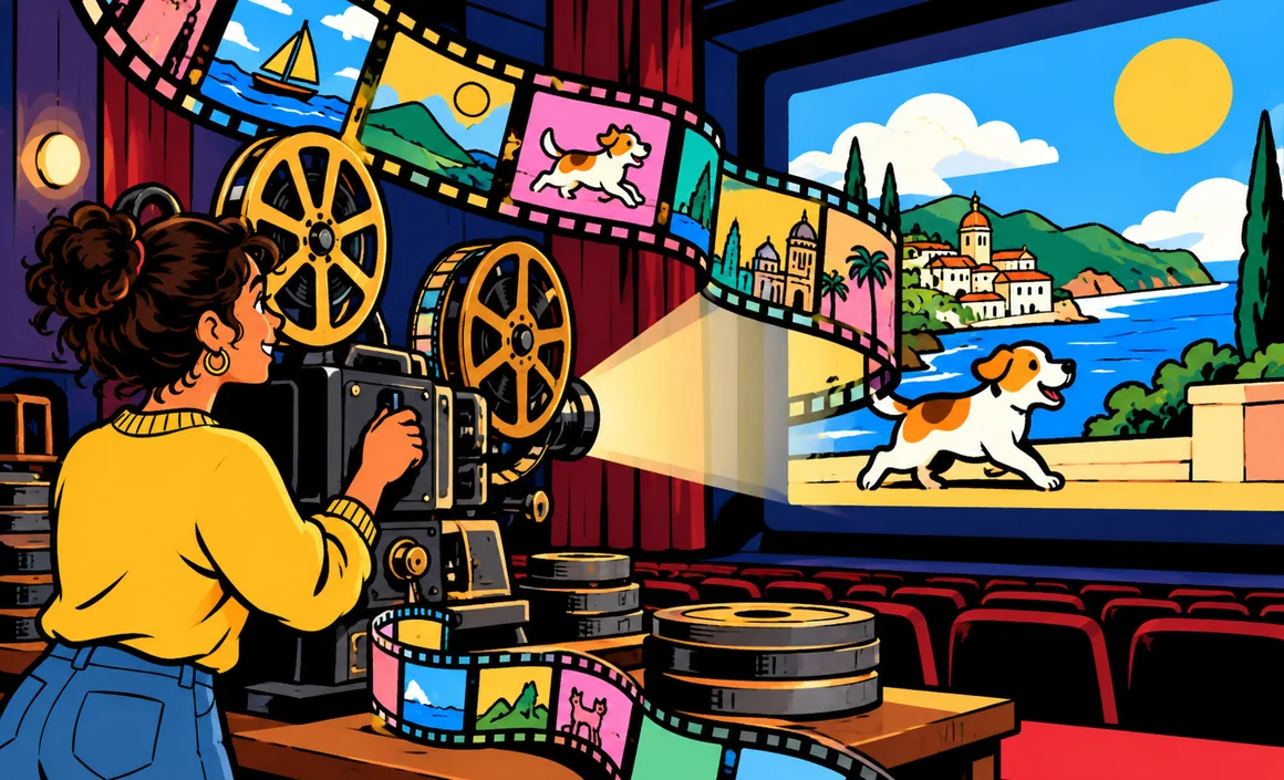 Illustration: Léa scrolls through film strips that turn into animated scenes in a screening room
