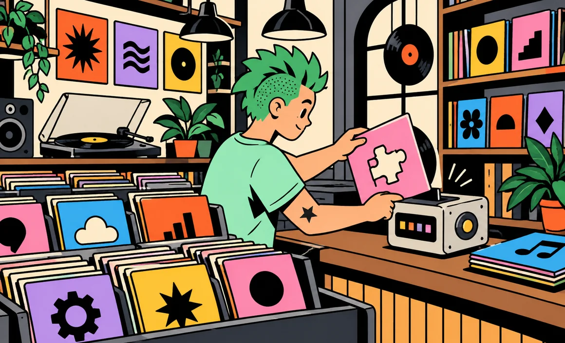 Illustration: Sam picks a record sleeve at a record store and slides it into a small device
