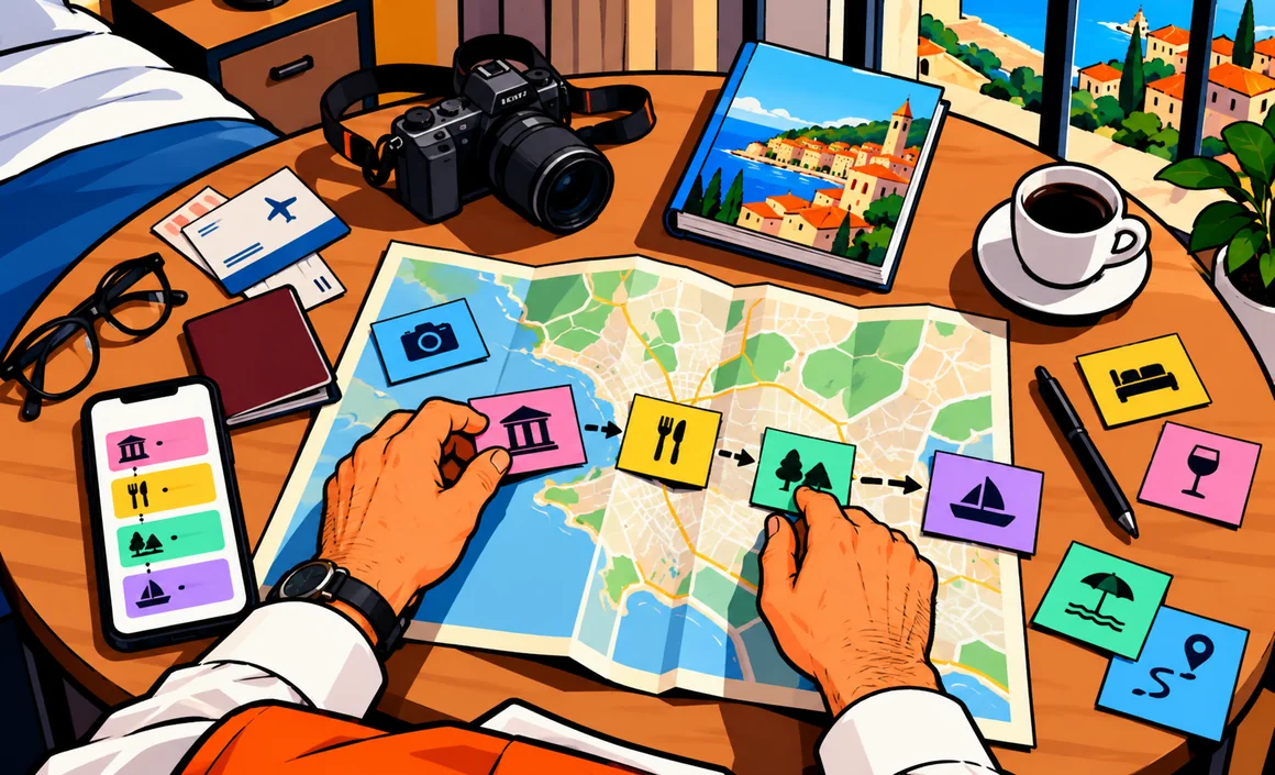 Illustration: top-down view of a map, tickets and colorful stops for building an itinerary