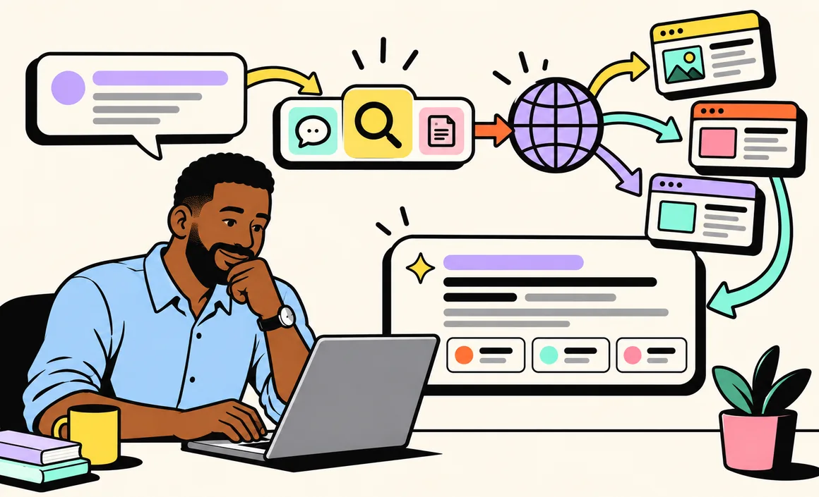 Illustration: a question sent to ChatGPT triggers a web search, then an answer with sources