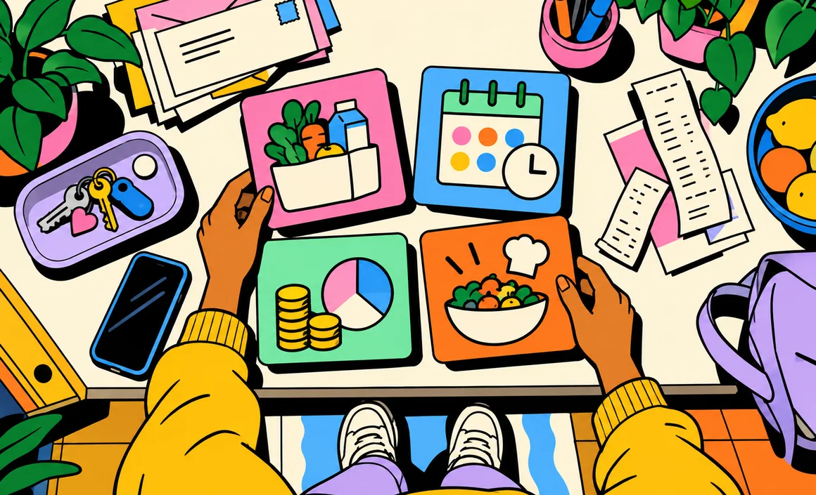 Illustration: overhead view of hands arranging cards for groceries, calendar, budget, and meals