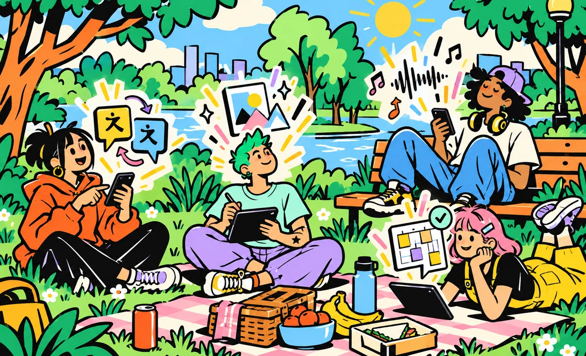 Illustration: Sam and friends each using a different free AI tool in a park