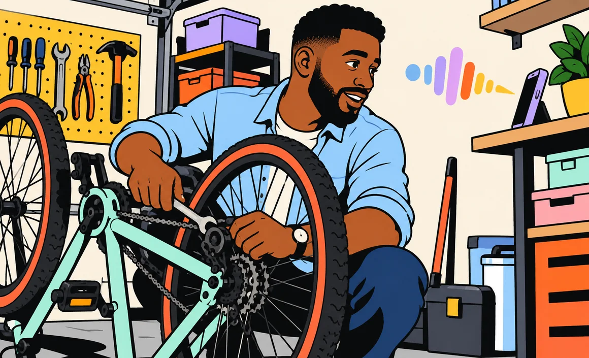 Illustration: Malik fixes a bike while talking to his phone resting on a shelf