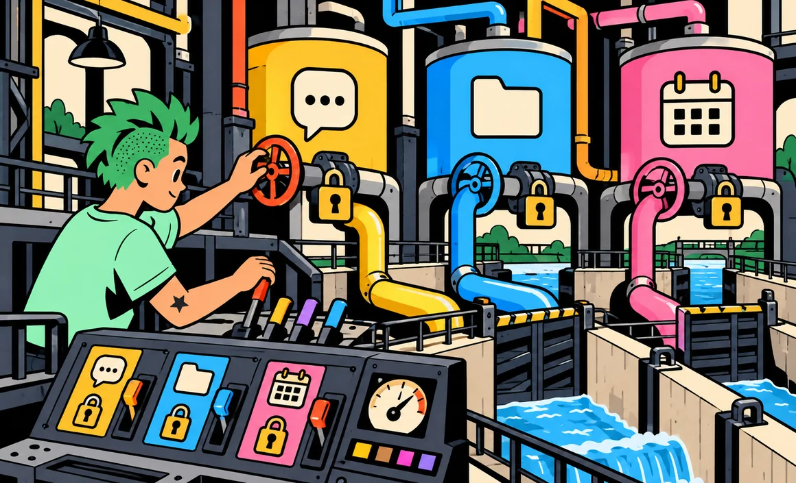 Illustration: Sam operating valves and padlocks that connect messages, files and a calendar