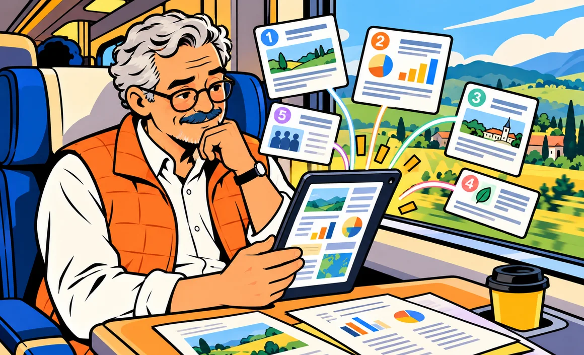 Illustration: Bernard reads a research report pulling together several sources on the train