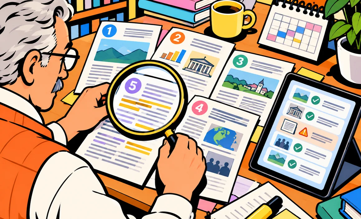 Illustration: Bernard examines numbered sources with a magnifying glass