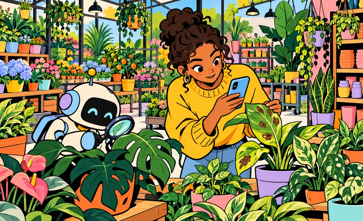 Illustration: Lea photographs a damaged leaf at a garden center to ask AI for advice