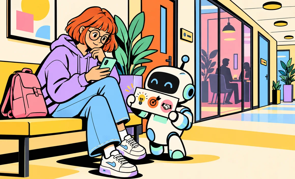 Illustration: Chloe reviews her key talking points before an interview, helped by a small robot