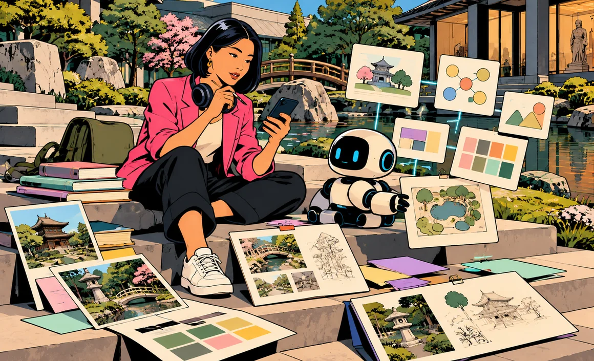 Illustration: Aiko in a Japanese garden while a small robot turns her documents into diagrams