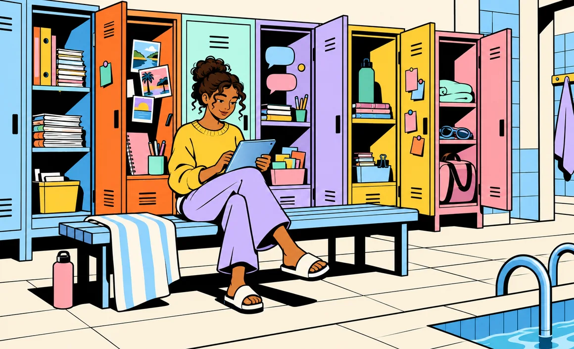 Illustration: Léa in a locker room with open lockers, each holding a different project