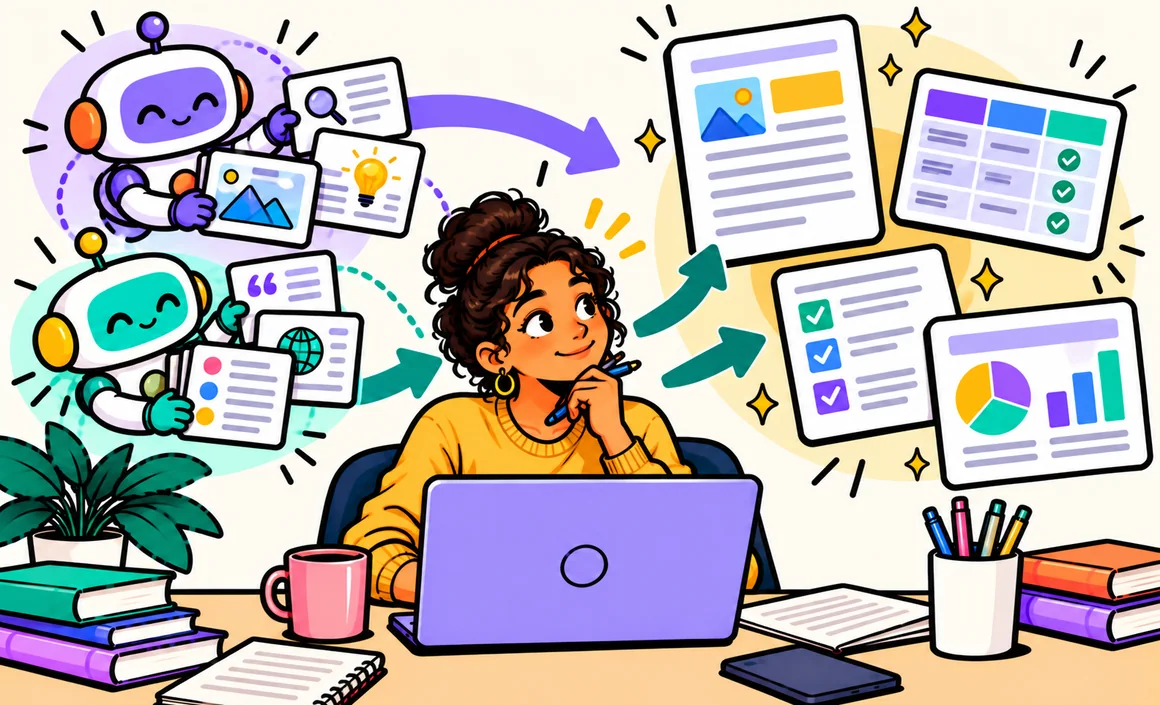 Illustration: a search turned into documents, tables and charts
