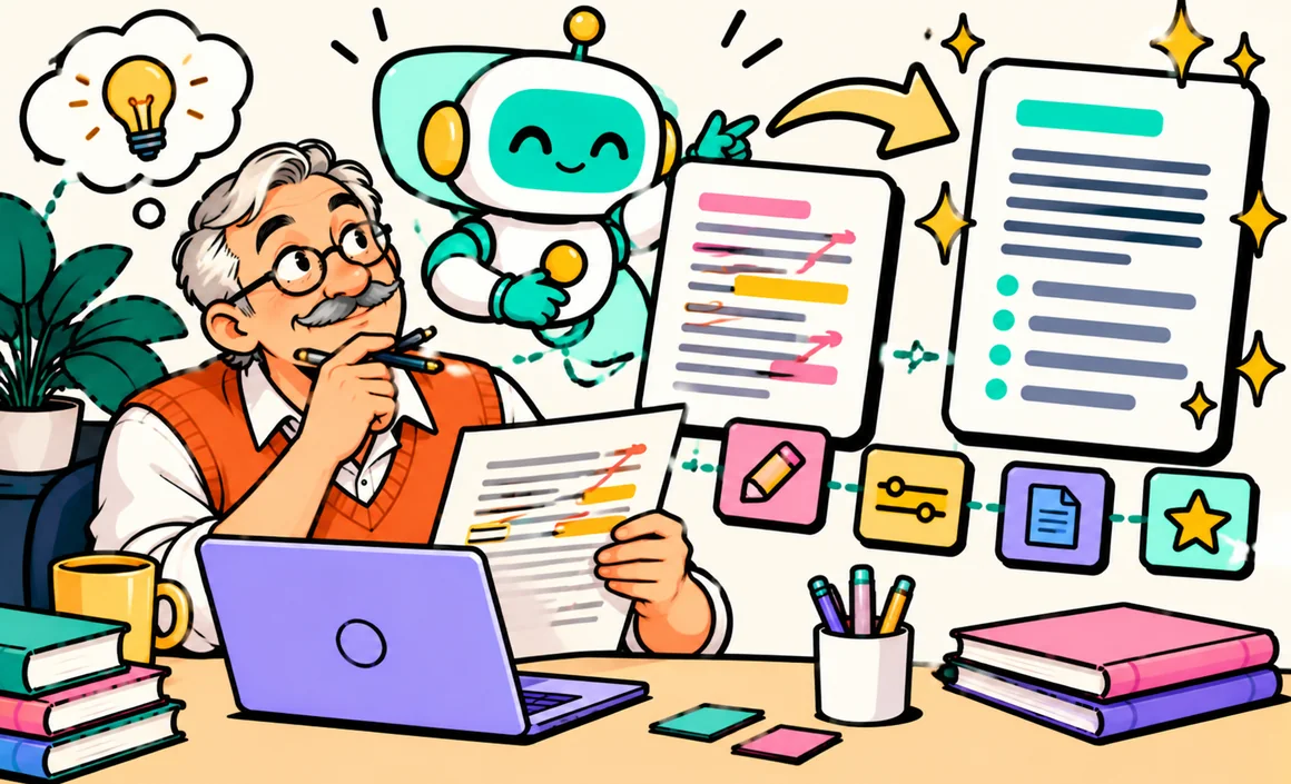 Illustration: a rough draft turned into clear text by an AI assistant