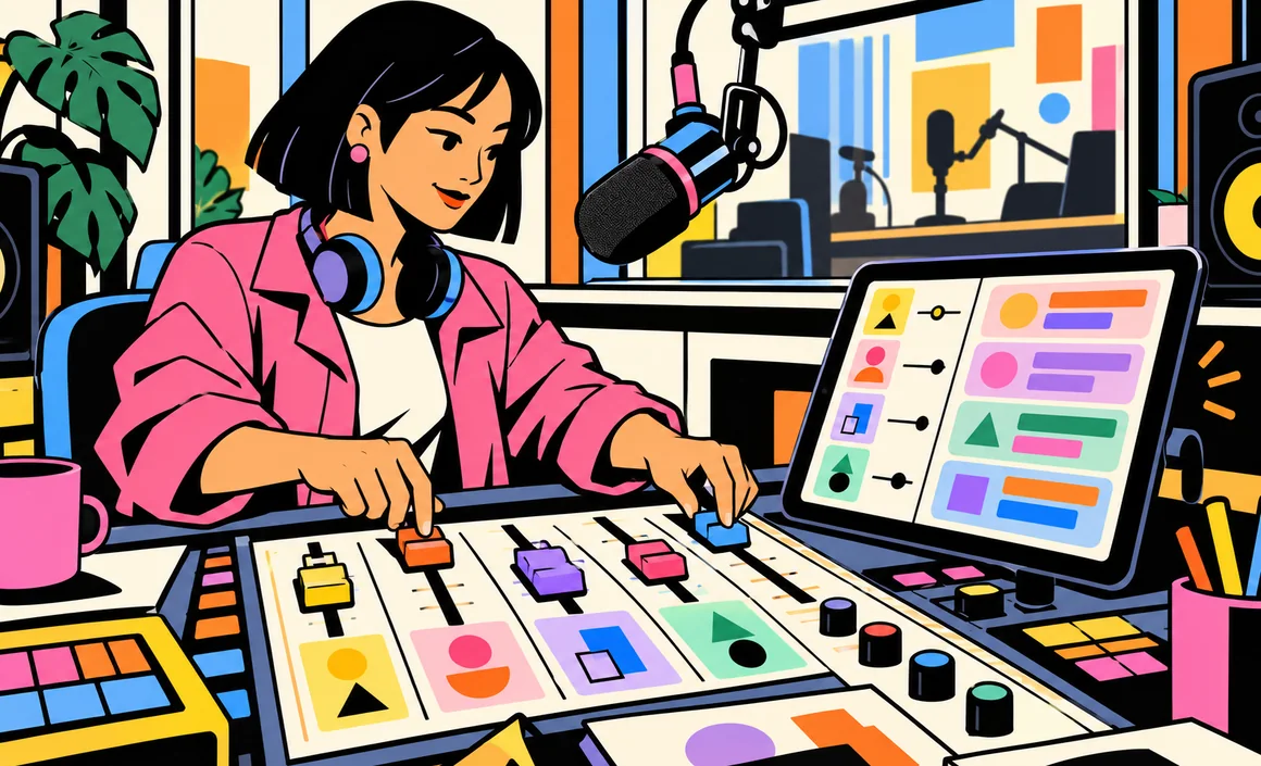 Illustration: Aiko adjusts tone and detail sliders on a radio studio mixing board