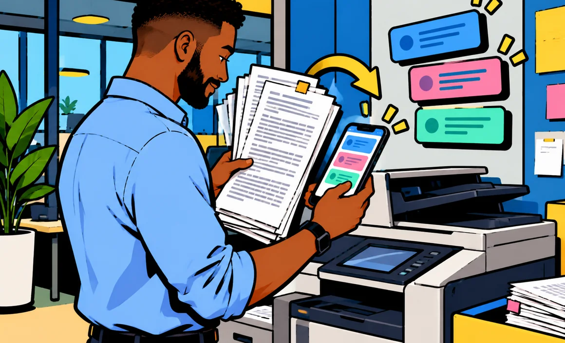 Illustration: Malik standing by a copier, reading a summary of a long stack of pages on his phone