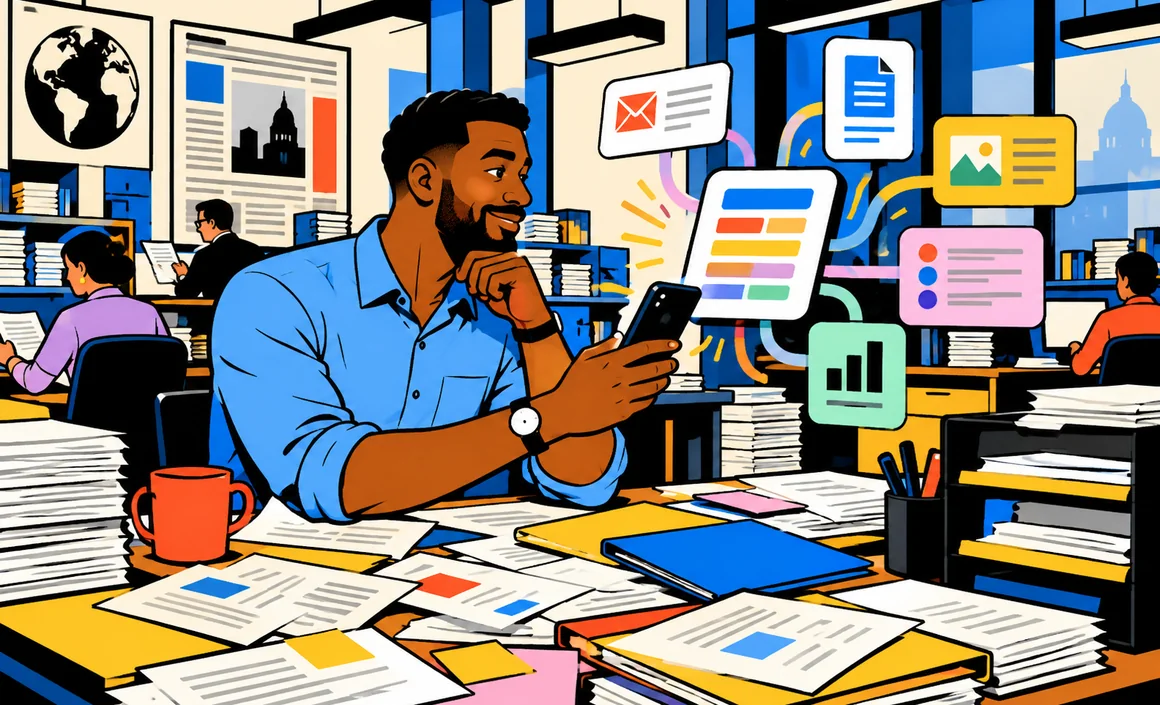 Illustration: Malik summarizes a table covered in mail and documents on his phone