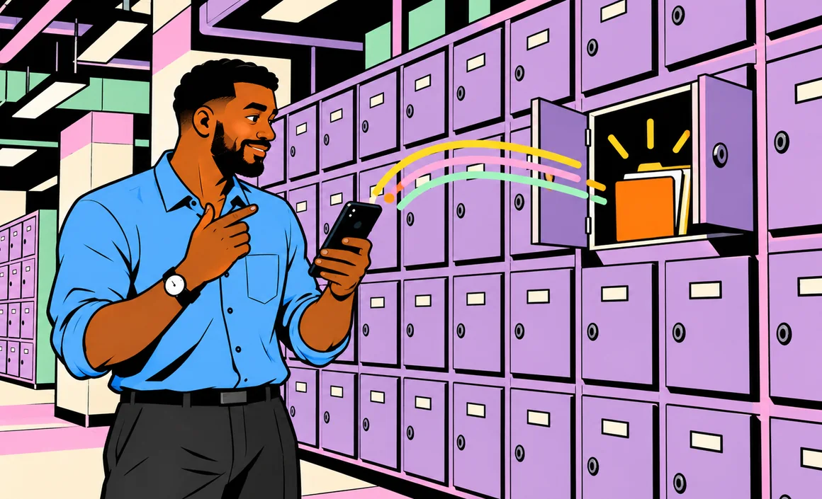 Illustration: Malik asks his phone for a document and a single locker opens
