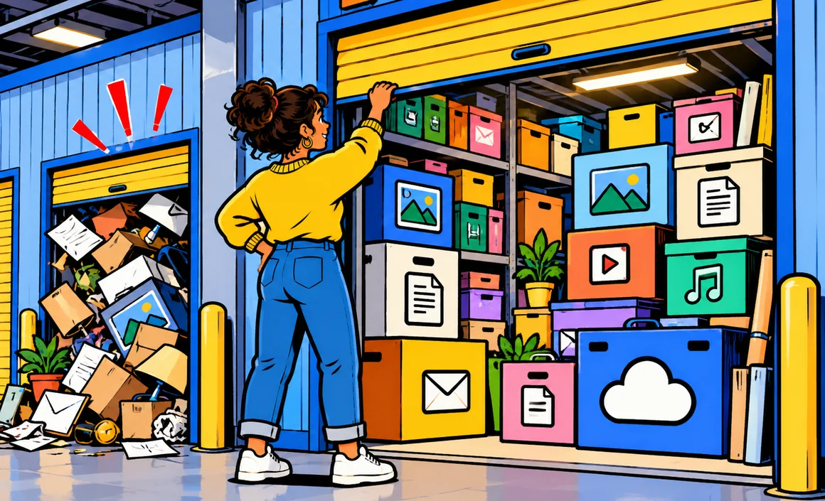Illustration: Léa opens a large, tidy storage unit next to a small one that’s overflowing