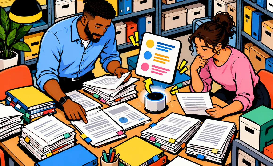 Illustration: Malik and a coworker in a records room, where stacks of files turn into a single summary sheet