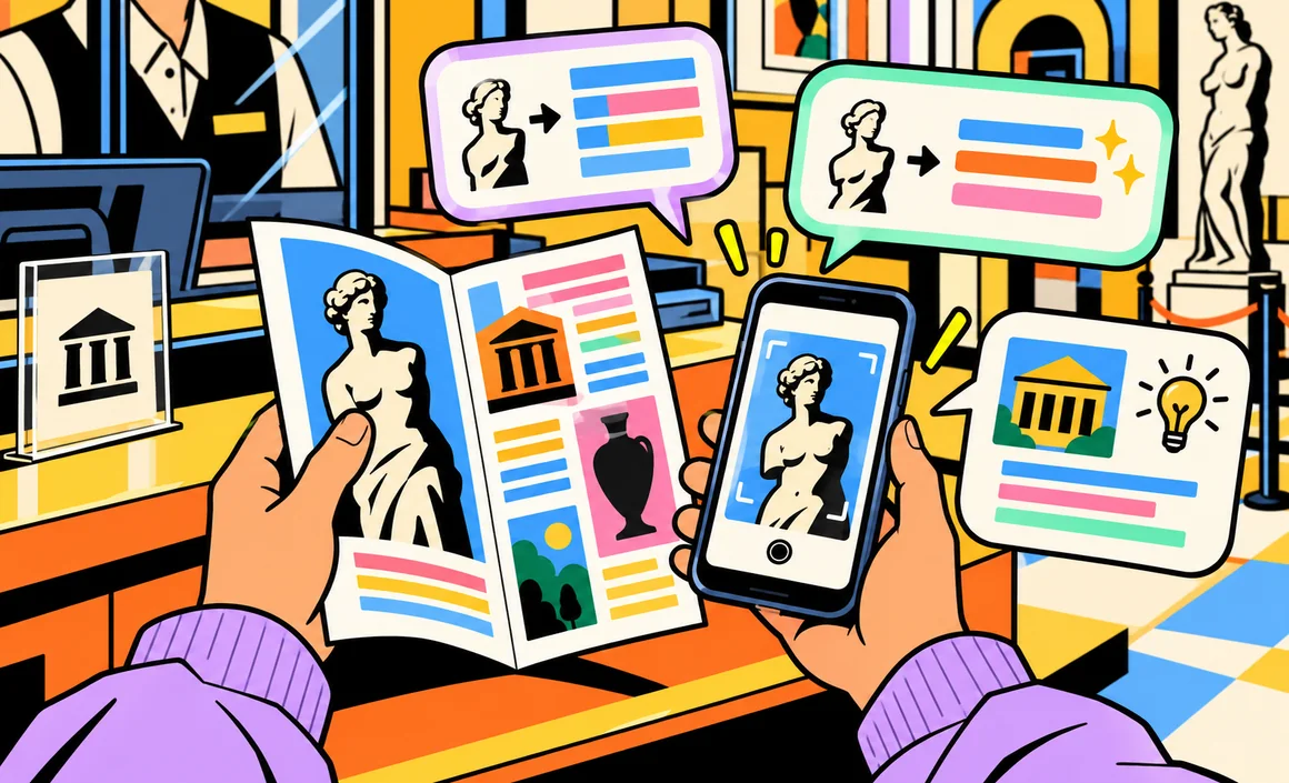 Illustration: at a museum ticket counter, a foreign-language brochure translated on a phone