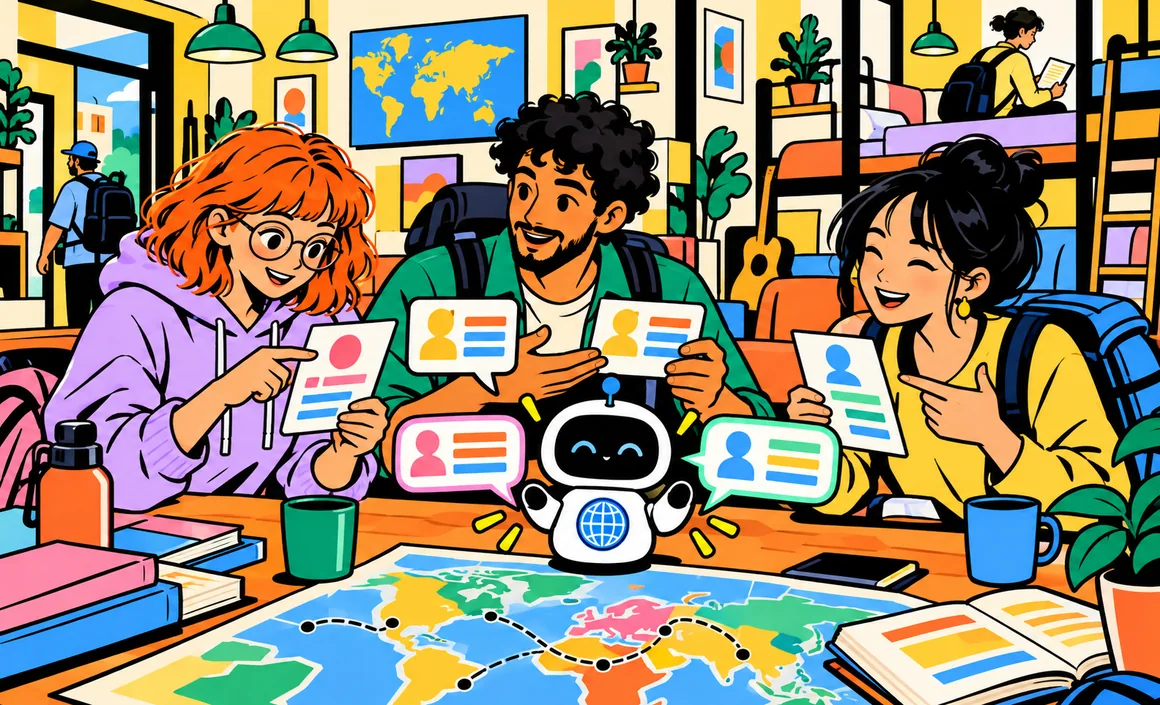 Illustration: Chloe and two travelers chatting in a youth hostel with help from a small translator robot