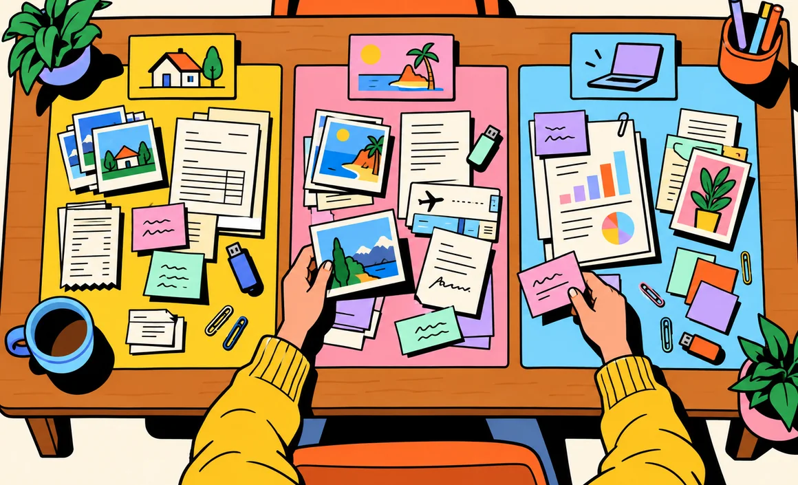Illustration: top-down view of documents sorted into three colored zones representing three projects