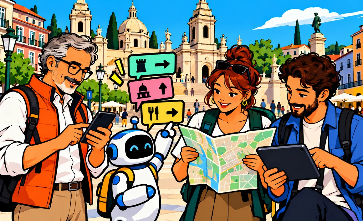 Illustration: Bernard and his family explore a city, guided by a small robot companion