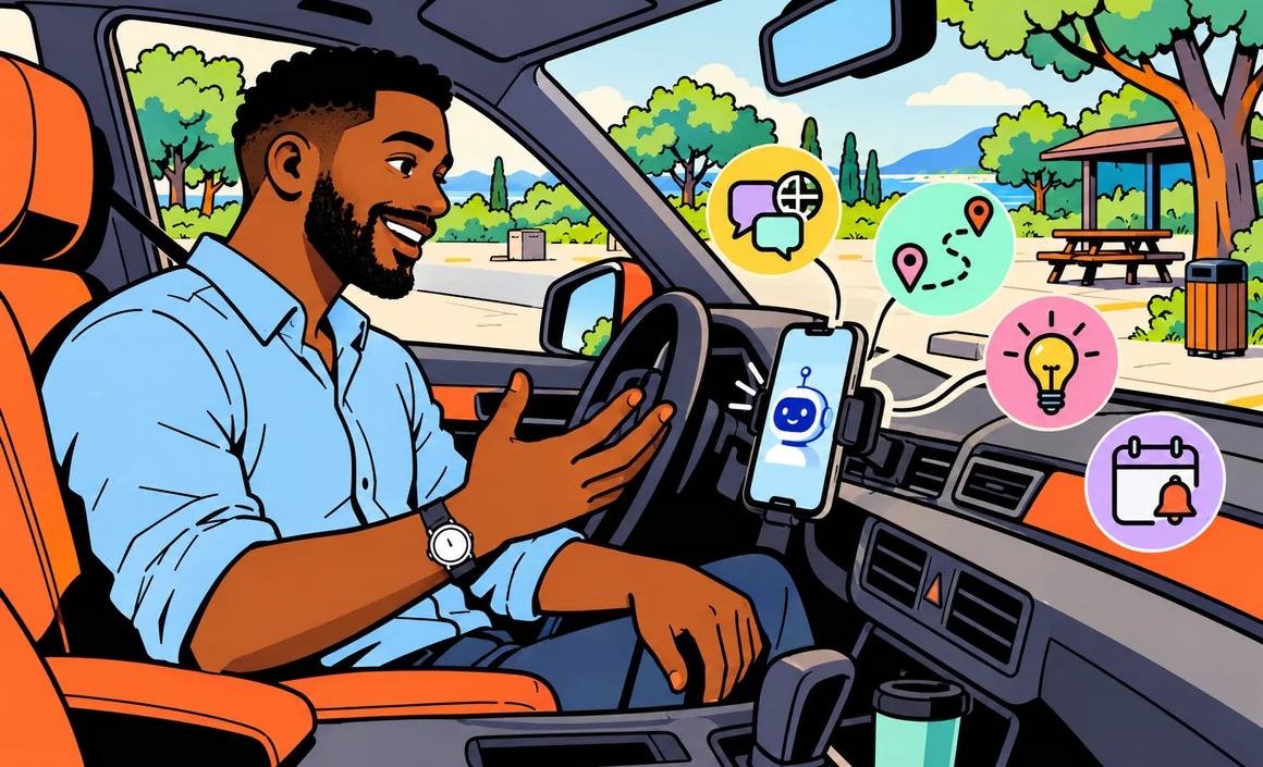 Illustration: Malik talks with the AI in his car, parked at a rest stop